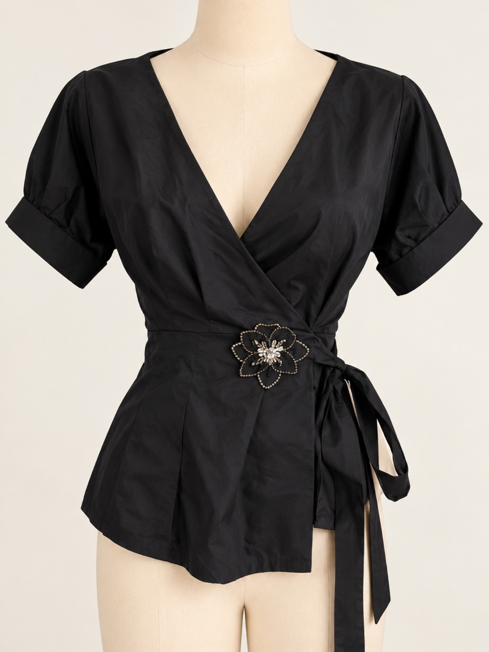 100% silk Black Wrap Blouse with Floral Accent